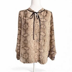 Willi Smith Sheer Snake Motive Blouse W/ Brown Faux Leather Ties Size S.
